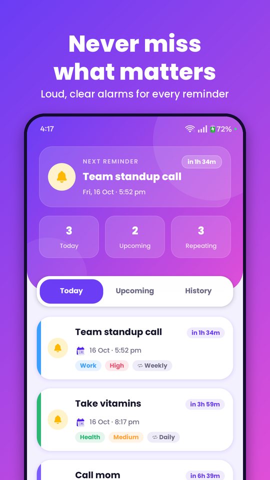 Today screen with next reminder countdown
